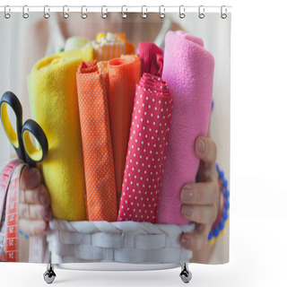 Personality  A Woman Holds Bright Colored Fabrics For Sewing And Scissors. Shower Curtains