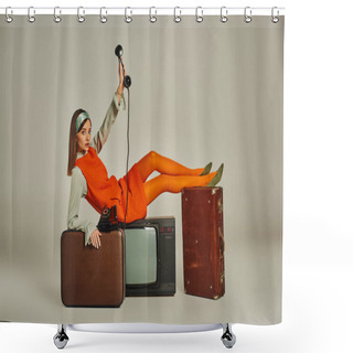 Personality  Young Woman In Stylish Retro Attire Sitting With Vintage Phone On Tv Set And Suitcases On Grey Shower Curtains