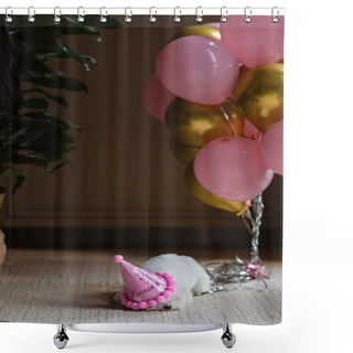 Personality  Cute White Bichon Frise Dog Celebrating Birthday At Home. Domestic Pet Party With Hot Air Balloons Pink And Gold Color Shower Curtains