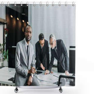 Personality  African American Businessman Looking At Camera While Business Colleagues Discussing Work In Office Shower Curtains