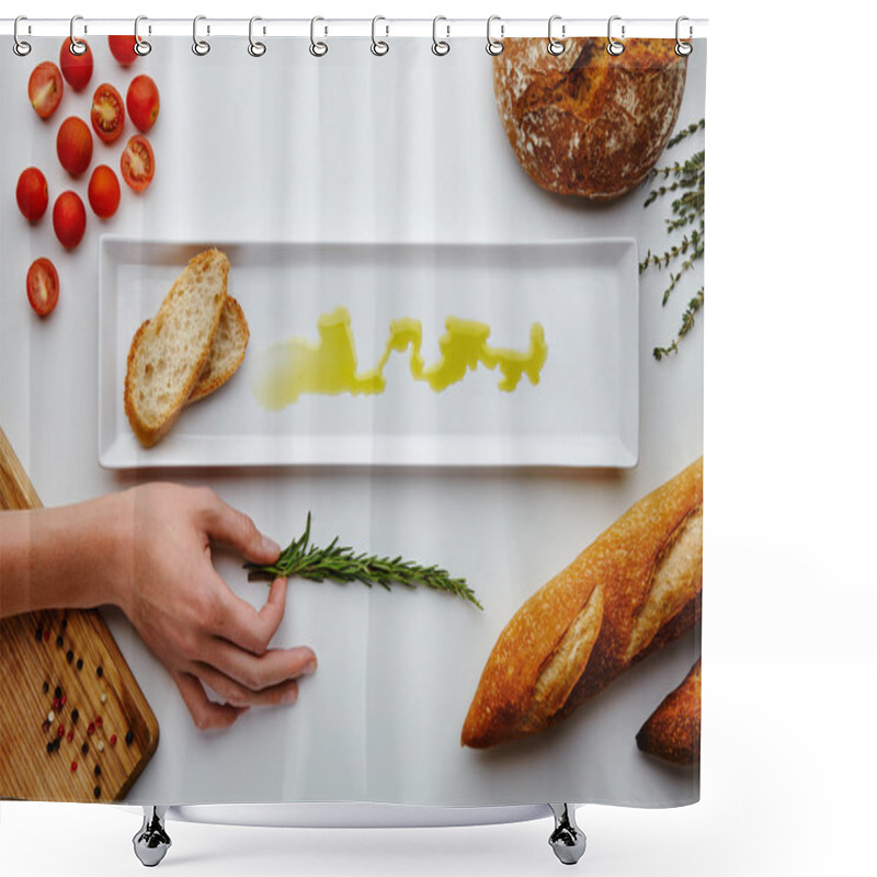 Personality  composition with bread, olive oil, tomatoes cherry, pepper shower curtains