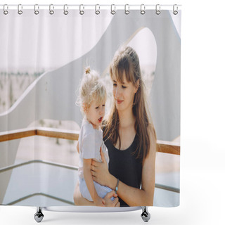 Personality  Young Beautiful Mother With Little Cute Daughter Looking At Lake In Desert Shower Curtains