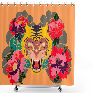 Personality  Traditional Japanese Tiger Face Tattoo With Peony Flower And Japanese Wave. Shower Curtains