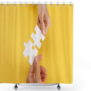 Personality  Cropped View Of Woman And Man Matching Pieces Of White Puzzle On Yellow Background Shower Curtains