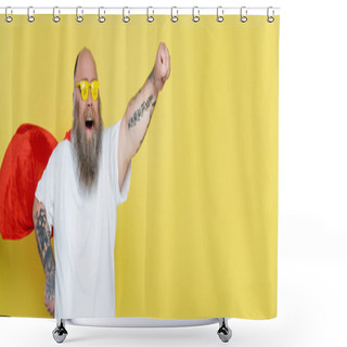 Personality  Excited Overweight Man In Superhero Cloak And Glasses With Sale Lettering Isolated On Yellow, Banner Shower Curtains