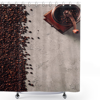 Personality  Top View Of Spilled Coffee Beans With Vintage Grinder On Concrete Surface Shower Curtains