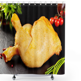 Personality  Raw And Fresh Meat. Chicken Thighs Uncooked Yellow Corn Fed Black Stone Background Shower Curtains