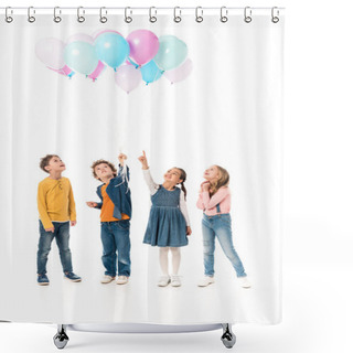 Personality  Full Length View Of Four Kids Holding Balloons Isolated On White Shower Curtains