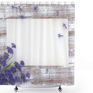 Personality  Celebratory Background, Invitation, Greeting Card. A Clean Sheet Of Aged Paper On A Wooden Table Made Of Aged Wood With A Delicate Bouquet Of Lavender. A Sheet Of Paper With Space For Text.3 D Render Shower Curtains