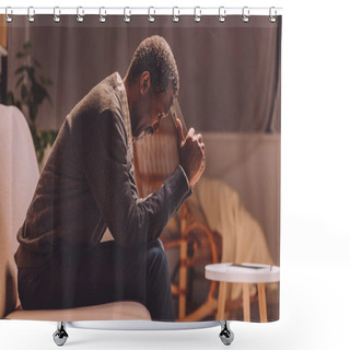 Personality  Depressed African American Man Sitting On Sofa At Night And Holding Photo Frame Near Head Shower Curtains