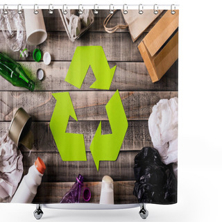 Personality  Top View Of Different Garbage Materials With Recycling Symbol On Table Background. Recycle, Environment And Eco Concept Shower Curtains