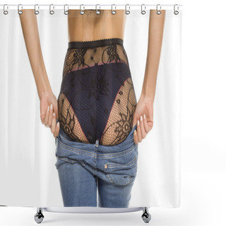 Personality  A Woman Putting On Her Tight Jeans On White Background Shower Curtains