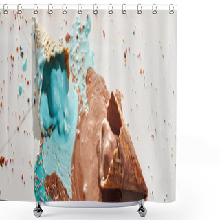 Personality  Delicious Melted Chocolate And Blue Ice Cream In Waffle Cones On Marble Grey Background With Sprinkles, Panoramic Shot Shower Curtains