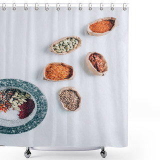 Personality  Top View Of Spices In Paper Bags And Mortar On White Table Shower Curtains