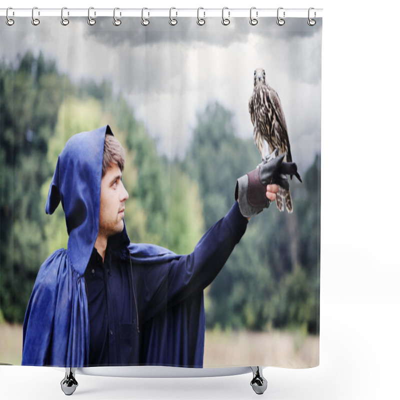 Personality  man holding a falcon shower curtains