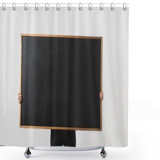 Personality  Woman Holding Big Empty Black Board Isolated On White Shower Curtains