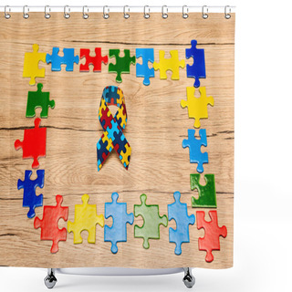 Personality  High Angle View Of Awareness Ribbon With Colorful Pieces Of Puzzle On Wooden Background, Autism Concept Shower Curtains
