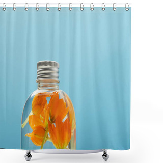 Personality  Close Up Of Organic Beauty Product With Orange Flowers In Bottle Isolated On Blue With Copy Space Shower Curtains
