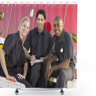 Personality  Three Paramedics Chatting And Doing Paperwork, Sitting By Their Shower Curtains