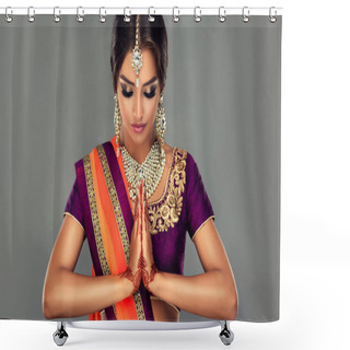 Personality  Portrait Of Beautiful Indian Girl . Young Hindu Woman Model With Tatoo Mehndi And Kundan Jewelry . Traditional Indian Costume Lehenga Choli . Shower Curtains