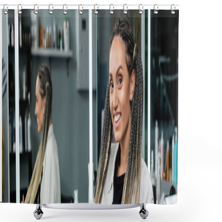 Personality  Female Client In Hair Salon, Cheerful Woman With Braids Looking At Camera, Customer Satisfaction, Beauty Salon, Hairstyle, Female Client With Braids, Mirror Refection, Ponytails, Banner  Shower Curtains