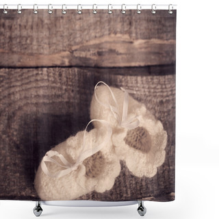 Personality  Baby's Bootee On Wooden Background Shower Curtains