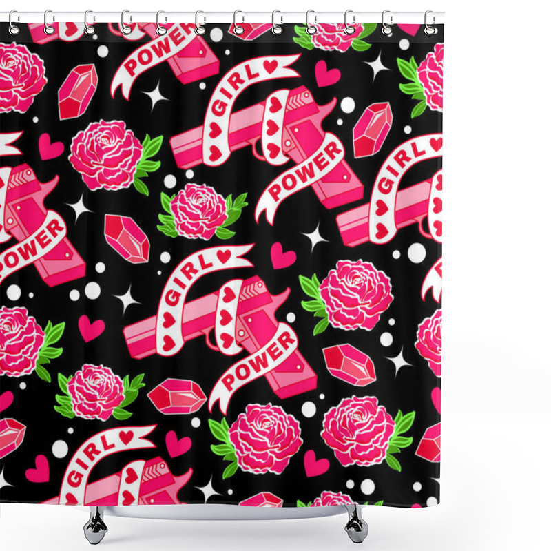Personality  Girl Power. Seamless Pattern For Feminist With Pink Gun, Ribbon, Roses, Hearts And Brilliants. Fashion Background With Hand Drawn Design Elements.  Shower Curtains