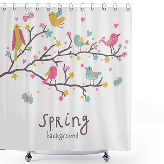 Personality  Spring Background. Stylish Illustration In Vector. Cute Birds On Branches. Light Romantic Card. Can Be Used For Wedding Invitation. Shower Curtains