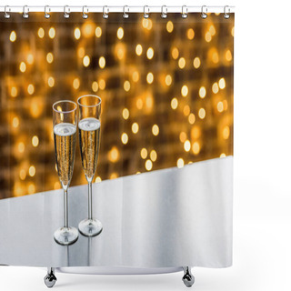 Personality  Close-up View Of Two Glasses Of Champagne And Beautiful Christmas Background Shower Curtains