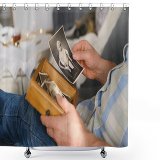 Personality  An Elderly Man Looks Through His Old Photographs Of 1960-1965, The Concept Of Nostalgia And Memories Of Youth, Childhood, Remembering His Life, Relatives, Family Connection Of Generations Shower Curtains