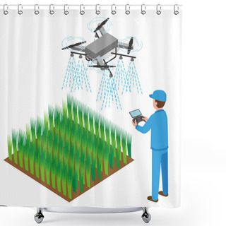 Personality  Illustration Of A Worker Spraying Pesticides With A Drone Shower Curtains