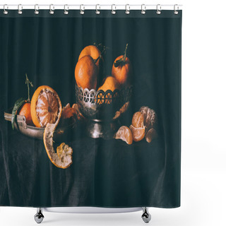 Personality  Close Up View Of Fresh Mandarins In Metal Bowl On Table With Dark Tablecloth Shower Curtains