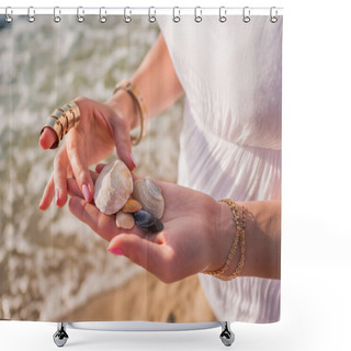 Personality  Hand Holding Sea Shells And Pumice Stones Found Washed On Rocky Beach. Close Up Hands With Boho Gypsy Accessories. Woman Standing On The Beach At Summer Near Sea. Shower Curtains