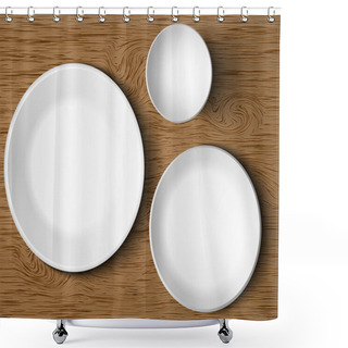Personality  A Set Of White Dishes On A Wooden Table Shower Curtains