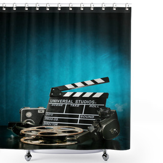 Personality  Vintage Film Claper With Film Reel And Camera. Filmmakers Equipment Background Shower Curtains