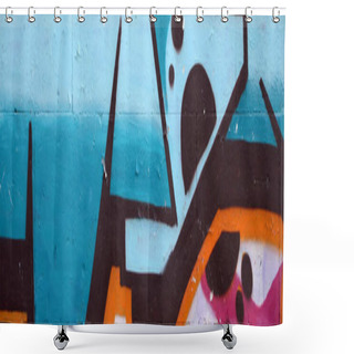 Personality  Fragment Of Colored Street Art Graffiti Paintings With Contours And Shading Close Up. Background Texture Of Youth Contemporary Art Culture. Blue Orange And Black Colors Shower Curtains