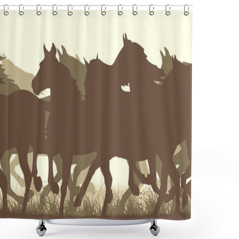 Personality  Horizontal Vector Illustration Silhouette Herd Of Horses. Shower Curtains