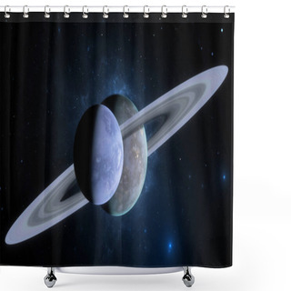 Personality  Gas Giant With Rings Accompanied By A Moon Against A Starry Backdrop. 3d Render Shower Curtains