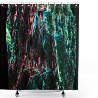 Personality  Panoramic Shot Of Glossy Crumpled Foil With Colorful Lighting Reflection In Darkness Isolated On Black Shower Curtains