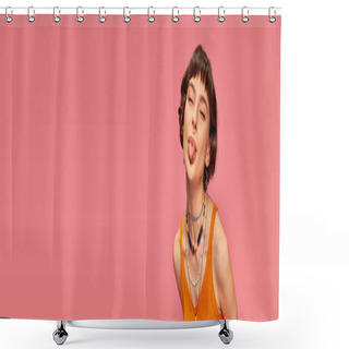 Personality  Cheeky Playful Girl In 20s With Short Brunette Hair Sticking Tongue Out On Pink Background, Banner Shower Curtains