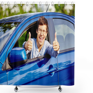 Personality  Guy Inside Car Showing Thumbs Up Shower Curtains