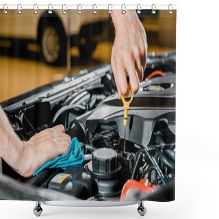Personality  Cropped Shot Of Auto Mechanic With Rag Checking Automobile Shower Curtains