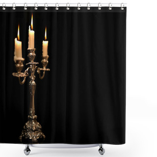 Personality  Burning Old Candle Vintage Silver Bronze Candlestick. Isolated Black Background. Shower Curtains