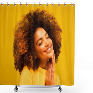 Personality  Pleased Dark Skinned Attractive Young Female Model With Bushy Afro Hairstyle Closes Eyes, Enjoys Favourite Music, Spends Free Time Alone, Has Broad Smile. People, Leisure And Happiness Concept. Shower Curtains
