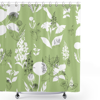 Personality  Wildflowers On A Green Background, Seamless Pattern Shower Curtains