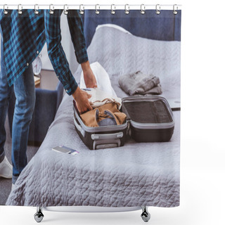 Personality  Cropped Image Of Male Traveler Packing Luggage In Bedroom At Home  Shower Curtains