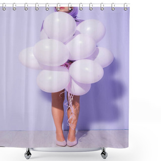 Personality  Cropped View Of Young Woman Dressed In Doll Style With Balloons On Violet Colorful Background Shower Curtains