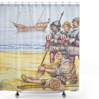 Personality  Hernan Cortes 16th Century Spanish Soldiers And Vessel At Bottom Shower Curtains