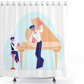 Personality  Little Boy In Concert Dress Training On Grand Piano With Help Of Experienced Teacher. Musical Education Concept. Young Pianist Student Prepare To Performance On Stage. Cartoon Flat Vector Illustration Shower Curtains