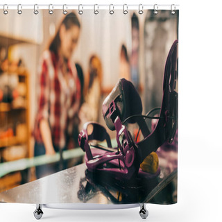 Personality  Selective Focus Of Snowboard Binding And Snowboard In Repair Shop  Shower Curtains